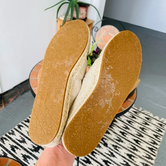 🍀KATE SPADE Garden Black Leather & Natural Canvas Espadrilles - Picture 6 of 6
